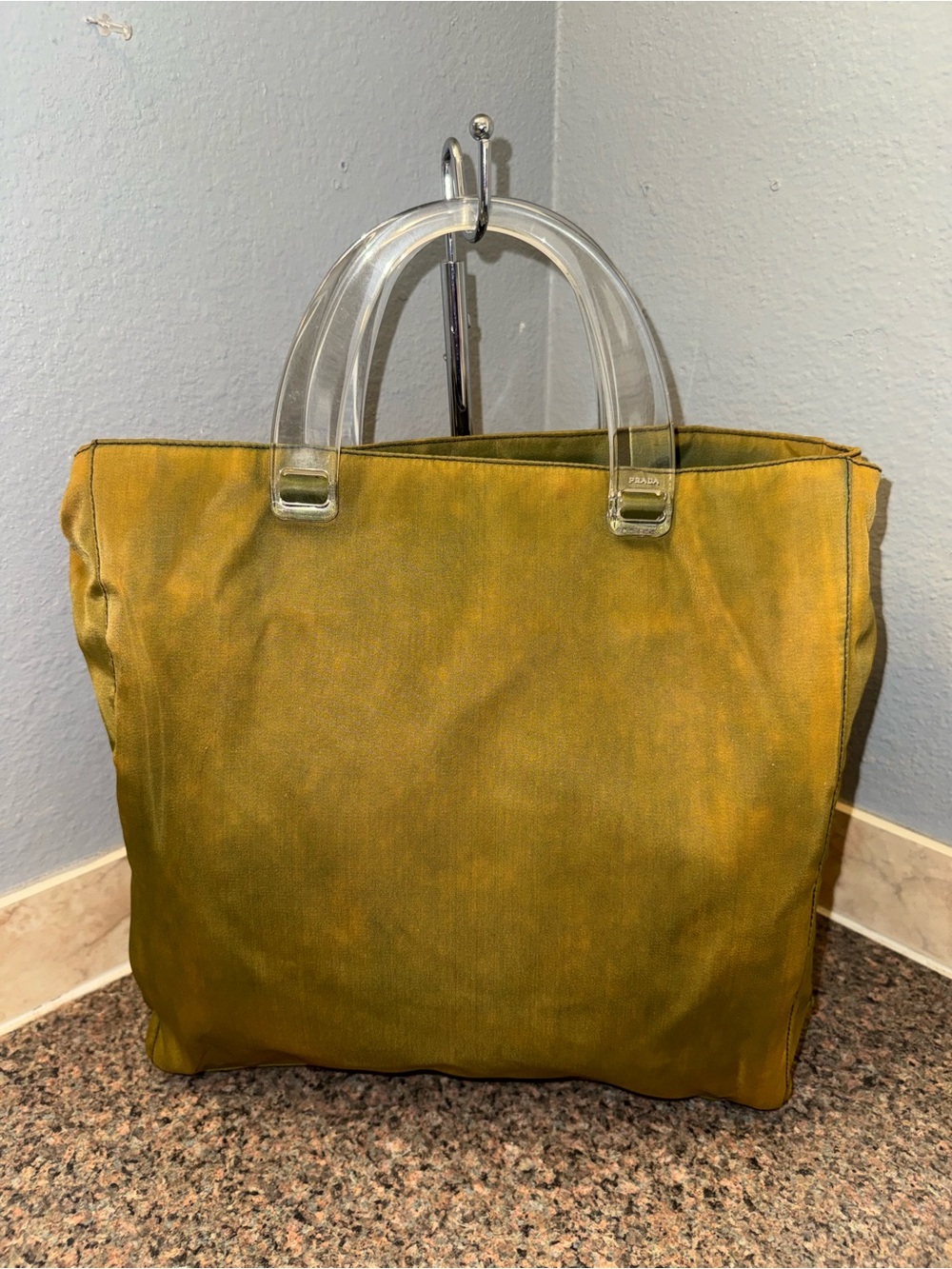 Prada Tessuto Nylon top handle Tote Bag with Clear Lucite Handles (olive green) - Picture 2 of 9